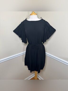 NWT LOFT Solid Black Ruffle Sleeve Tie Dress Size Medium At The Knee LBD Dressy